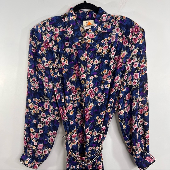 Vintage 80s blue floral chiffon sheer blouson belted long sleeve midi dress - Picture 4 of 17